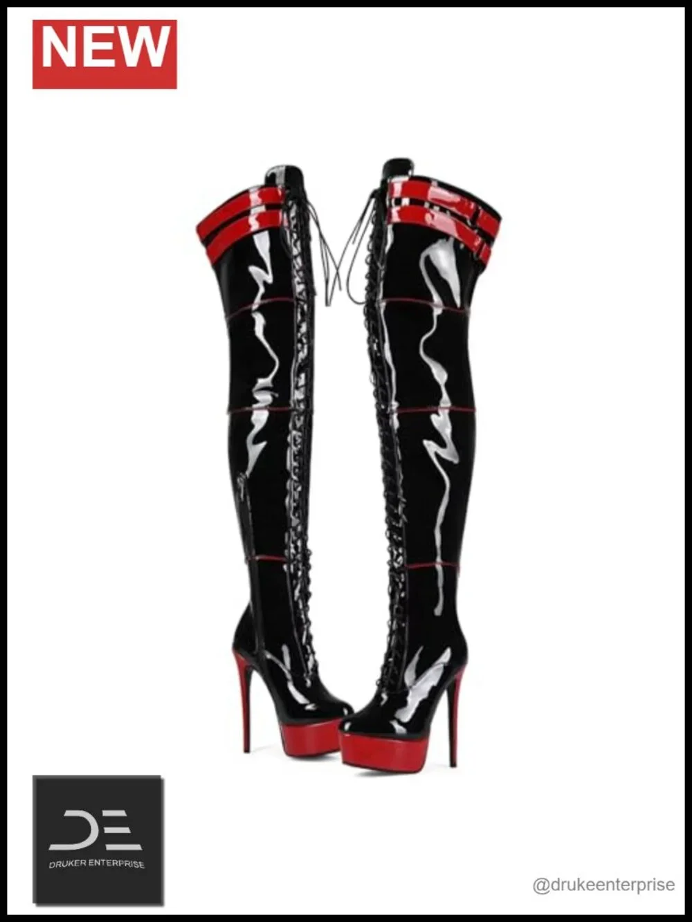 Stiletto Platform Over The Knee Lace Up Boots, Patent, Extra Large Sizes,